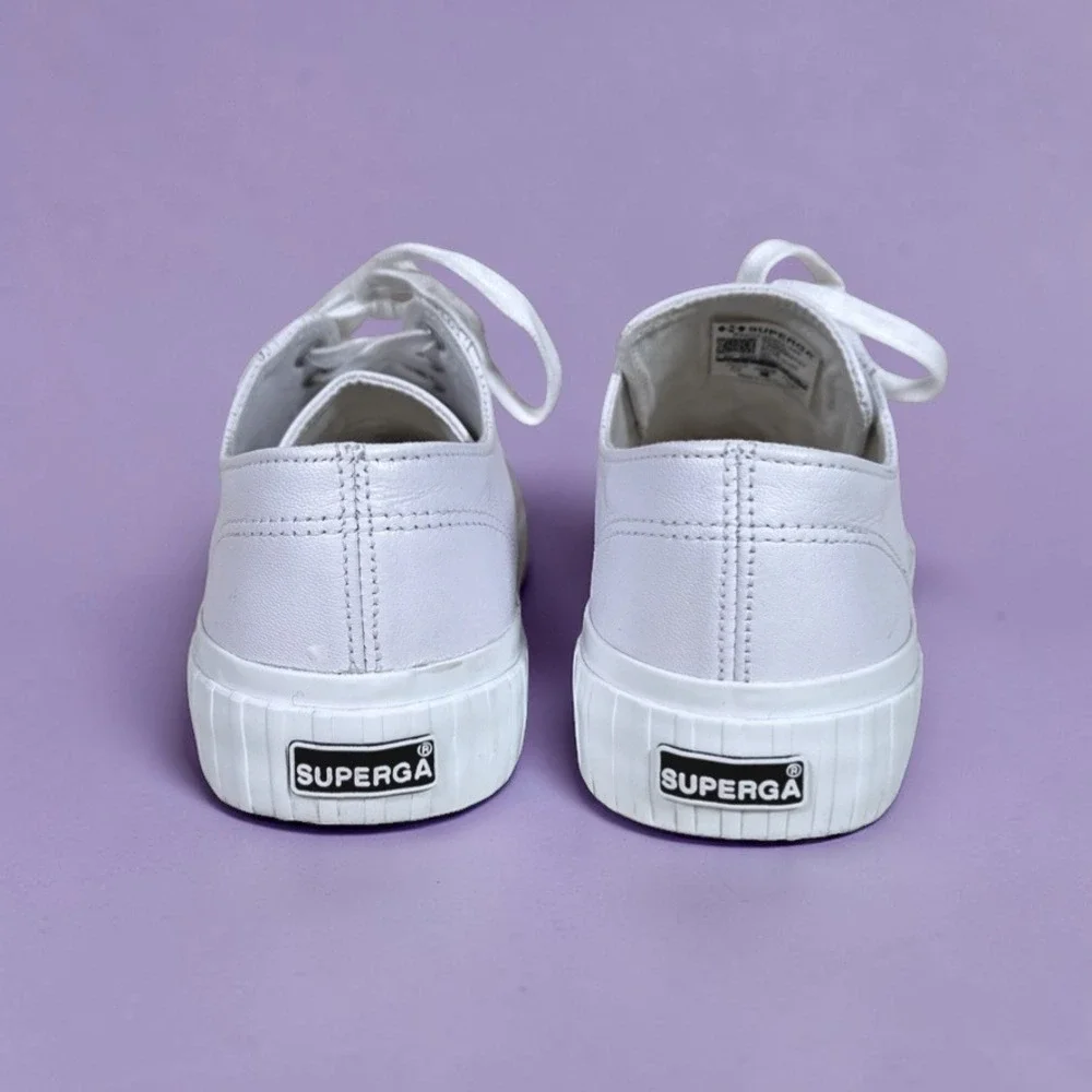 SUPERGA 2630 Stripe Nappa White Leather Platform Lace Up Casual Sneakers Women 8